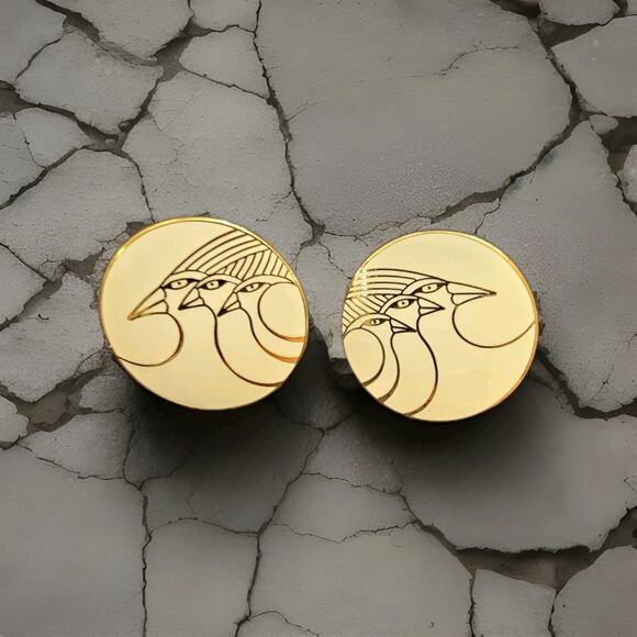 Laurel Burch Celestial‎ Bird Ivory And Gold Enamel Signed Clip On Earrings - Picture 1 of 5